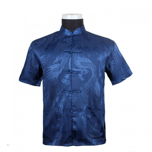 Hot Sale Chinese Tradition Style Men s Blue Dragon Pattern Kung Fu Short Sleeve Shirts M